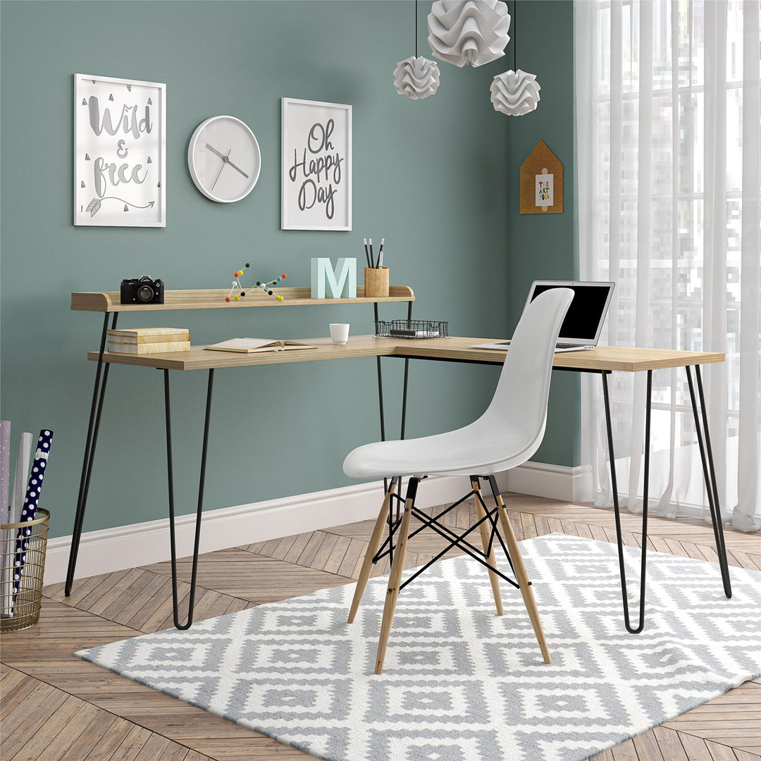 Haven Retro Computer L Desk with Riser and Metal Hairpin Legs - Natural