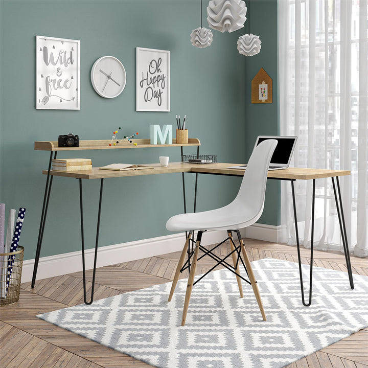 Haven Retro Computer L Desk with Riser and Metal Hairpin Legs - Natural