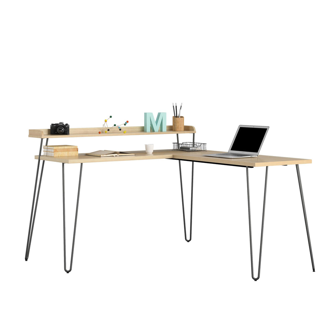 Haven Retro Computer L Desk with Riser and Metal Hairpin Legs - Natural
