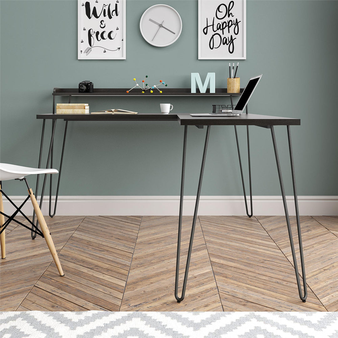 Haven Retro Computer L Desk with Riser and Metal Hairpin Legs - Espresso