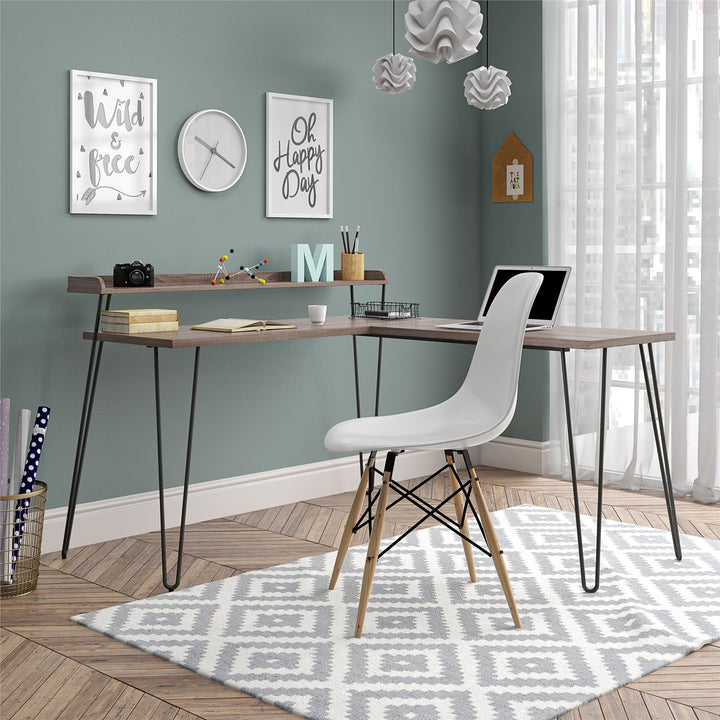 Haven Retro Computer L Desk with Riser and Metal Hairpin Legs - Distressed Gray Oak
