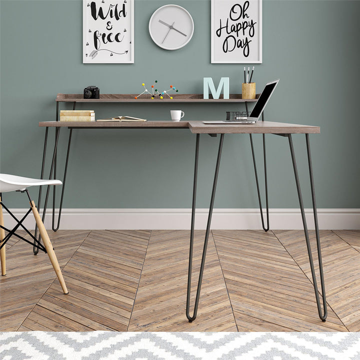 Haven Retro Computer L Desk with Riser and Metal Hairpin Legs - Distressed Gray Oak