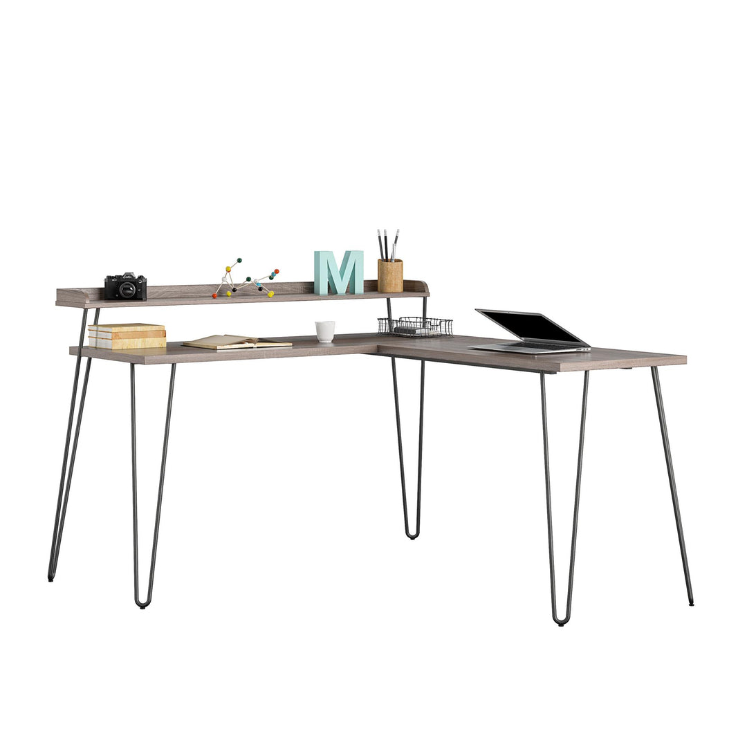 Haven Retro Computer L Desk with Riser and Metal Hairpin Legs - Distressed Gray Oak