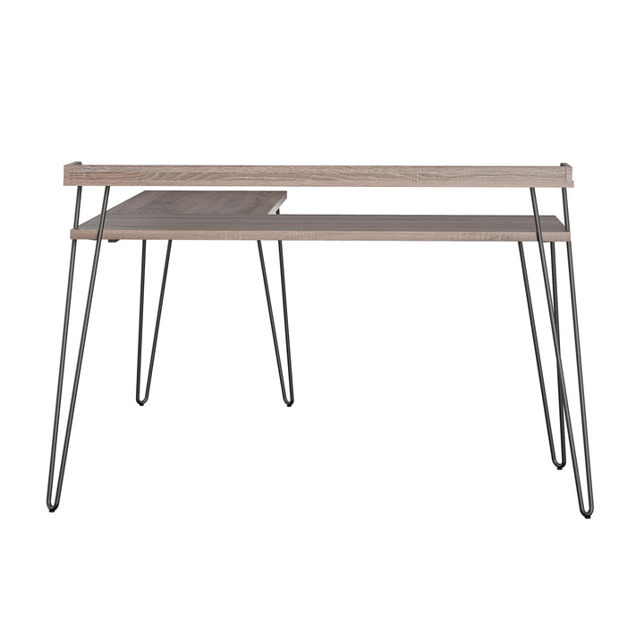Haven Retro Computer L Desk with Riser and Metal Hairpin Legs - Distressed Gray Oak