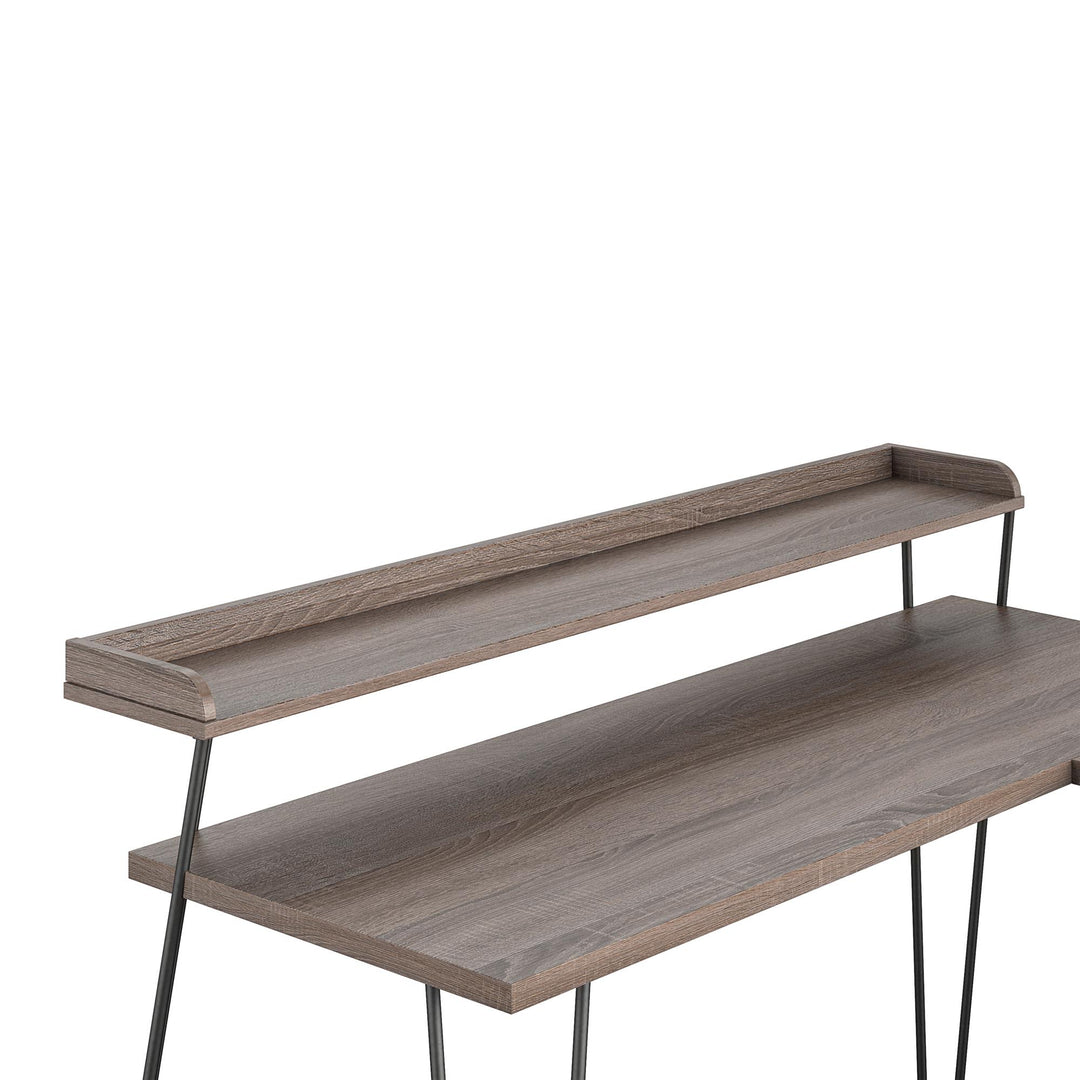 Haven Retro Computer L Desk with Riser and Metal Hairpin Legs - Distressed Gray Oak