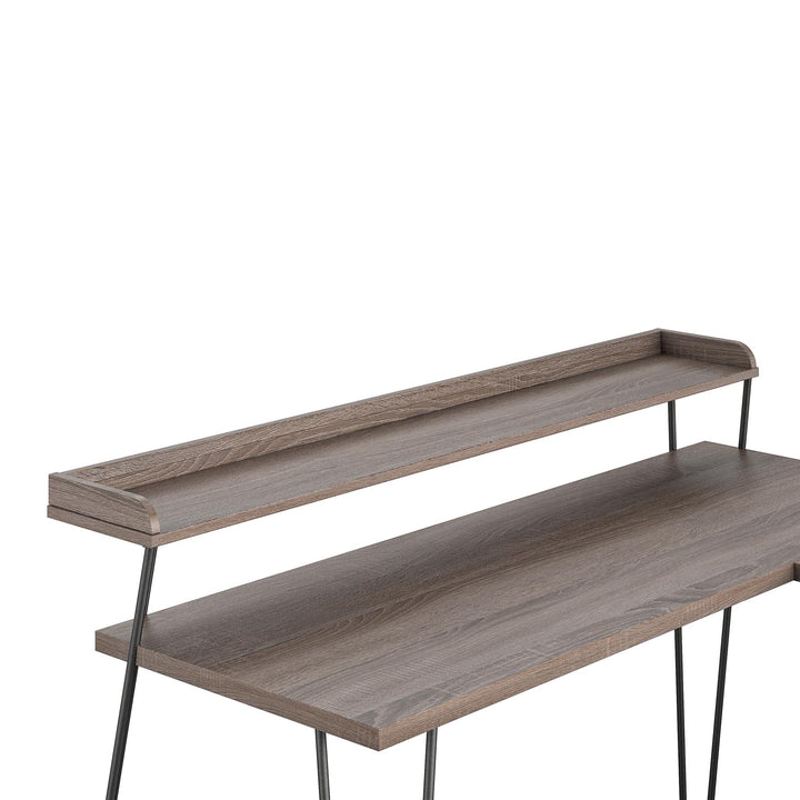 Haven Retro Computer L Desk with Riser and Metal Hairpin Legs - Distressed Gray Oak