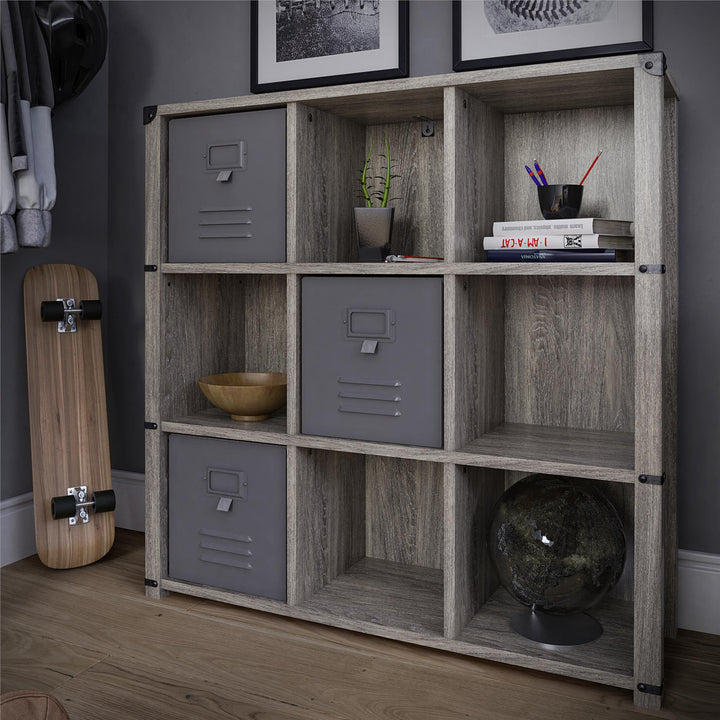 Nova 9 Cube Multipurpose Bookcase with Metal Accents - Gray Oak