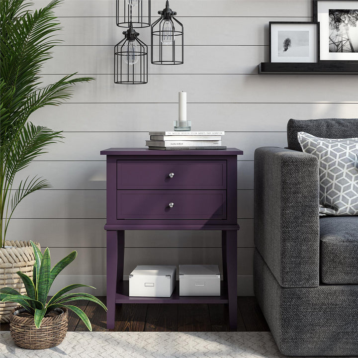 Franklin Nightstand Table with 2 Drawers and Lower Shelf - Purple