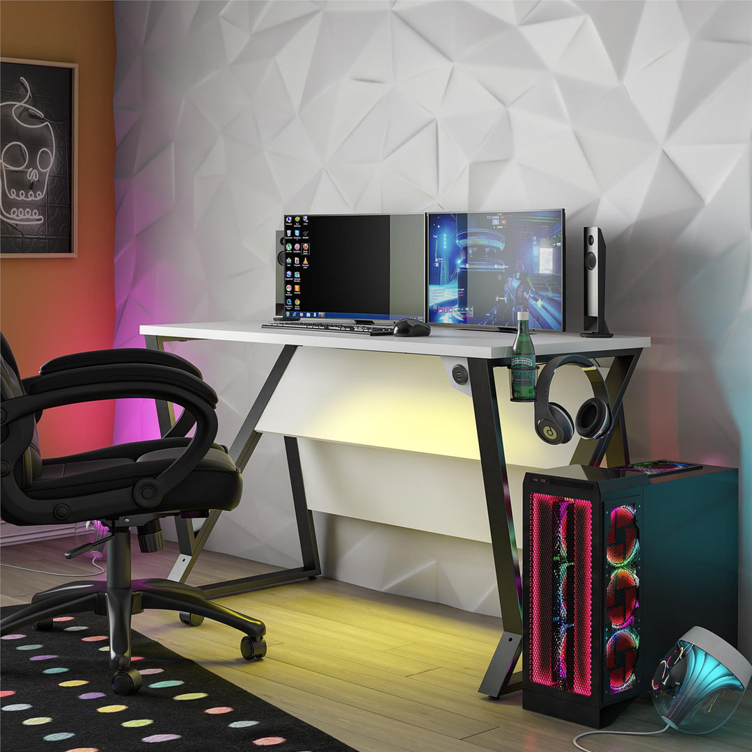 Genesis Height Adjustable Gaming Desk with LED Lights - White