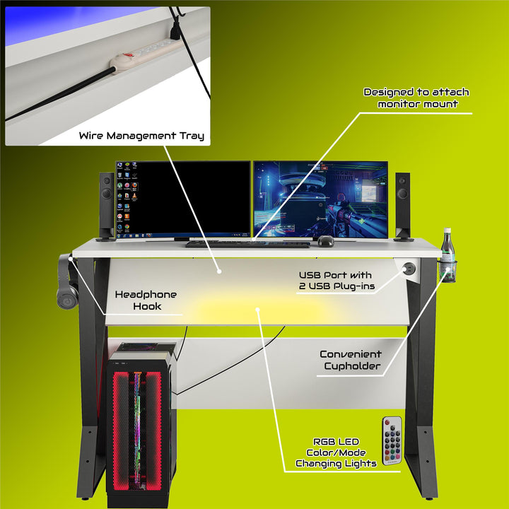 Genesis Height Adjustable Gaming Desk with LED Lights - White