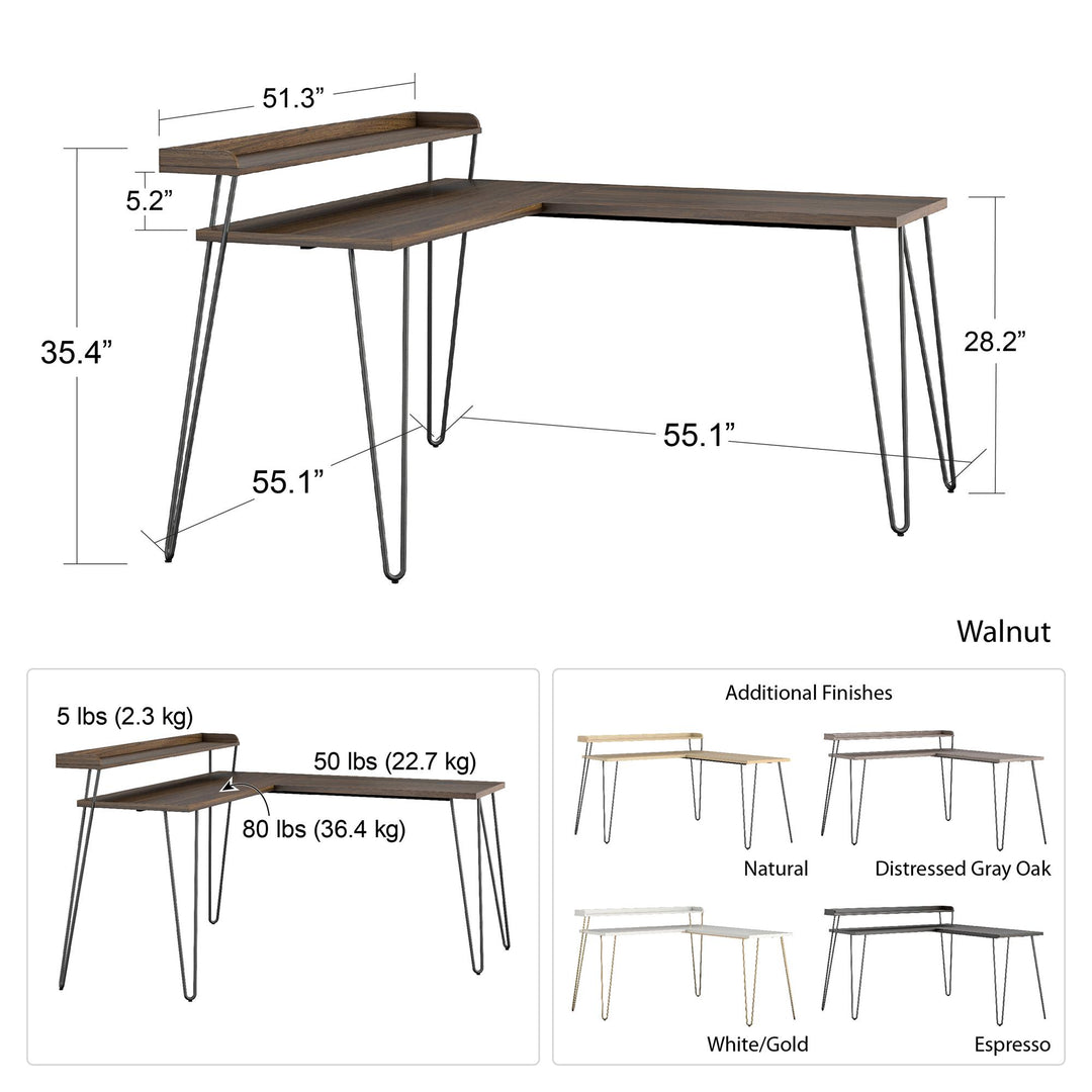 Haven Retro Computer L Desk with Riser and Metal Hairpin Legs - Distressed Gray Oak