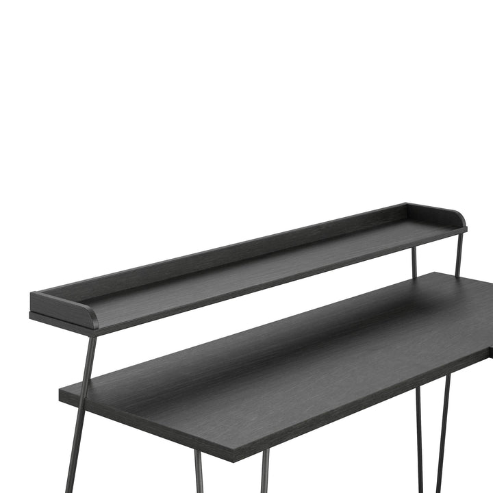 Haven Retro Computer L Desk with Riser and Metal Hairpin Legs - Black Oak