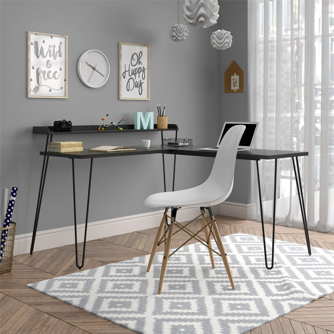 Haven Retro Computer L Desk with Riser and Metal Hairpin Legs - Black Oak