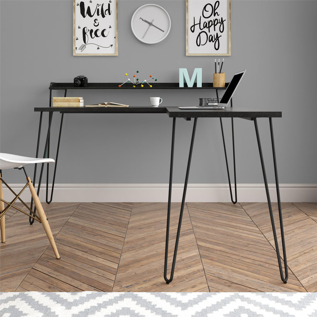 Haven Retro Computer L Desk with Riser and Metal Hairpin Legs - Black Oak