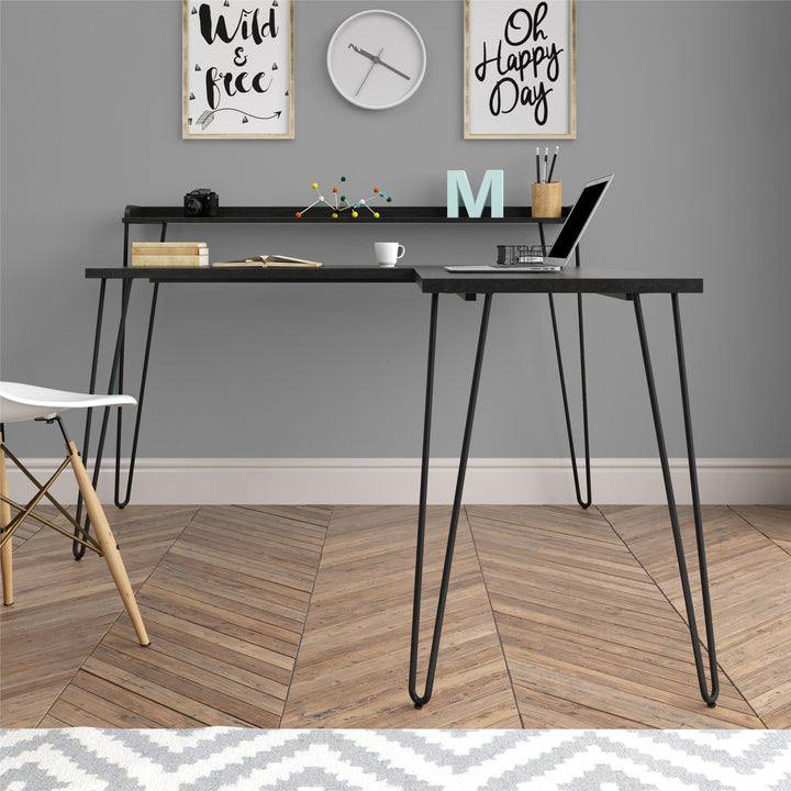 Haven Retro Computer L Desk with Riser and Metal Hairpin Legs - Black Oak