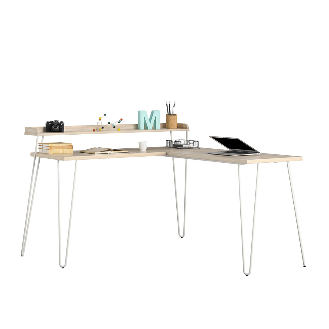 Haven Retro Computer L Desk with Riser and Metal Hairpin Legs - Natural/White