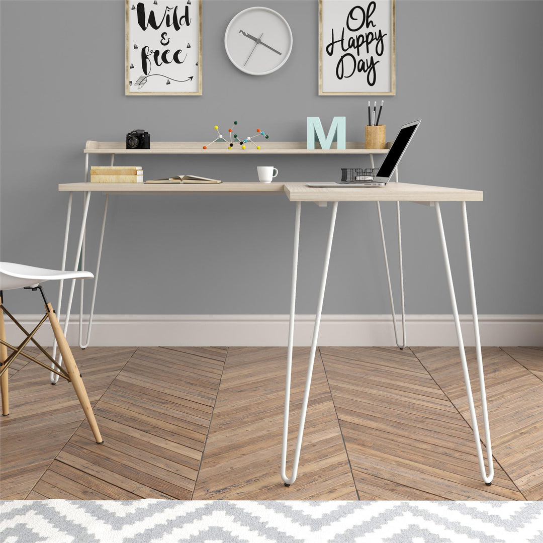 Haven Retro Computer L Desk with Riser and Metal Hairpin Legs - Natural/White