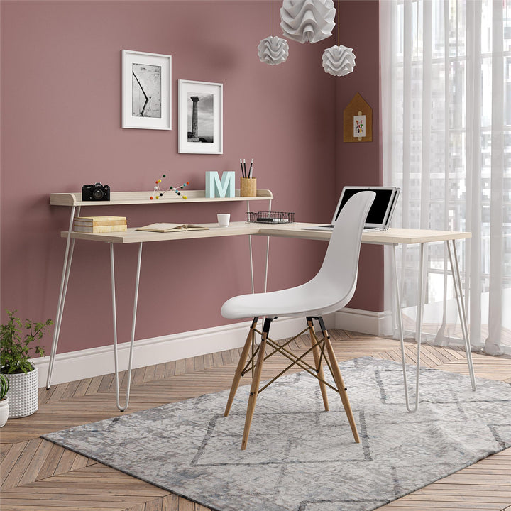 Haven Retro Computer L Desk with Riser and Metal Hairpin Legs - Natural/White