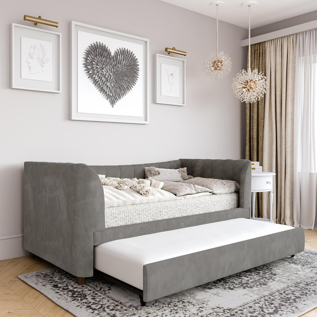 Valentina Upholstered Daybed with Trundle and Vertical Stitching - Gray - Twin