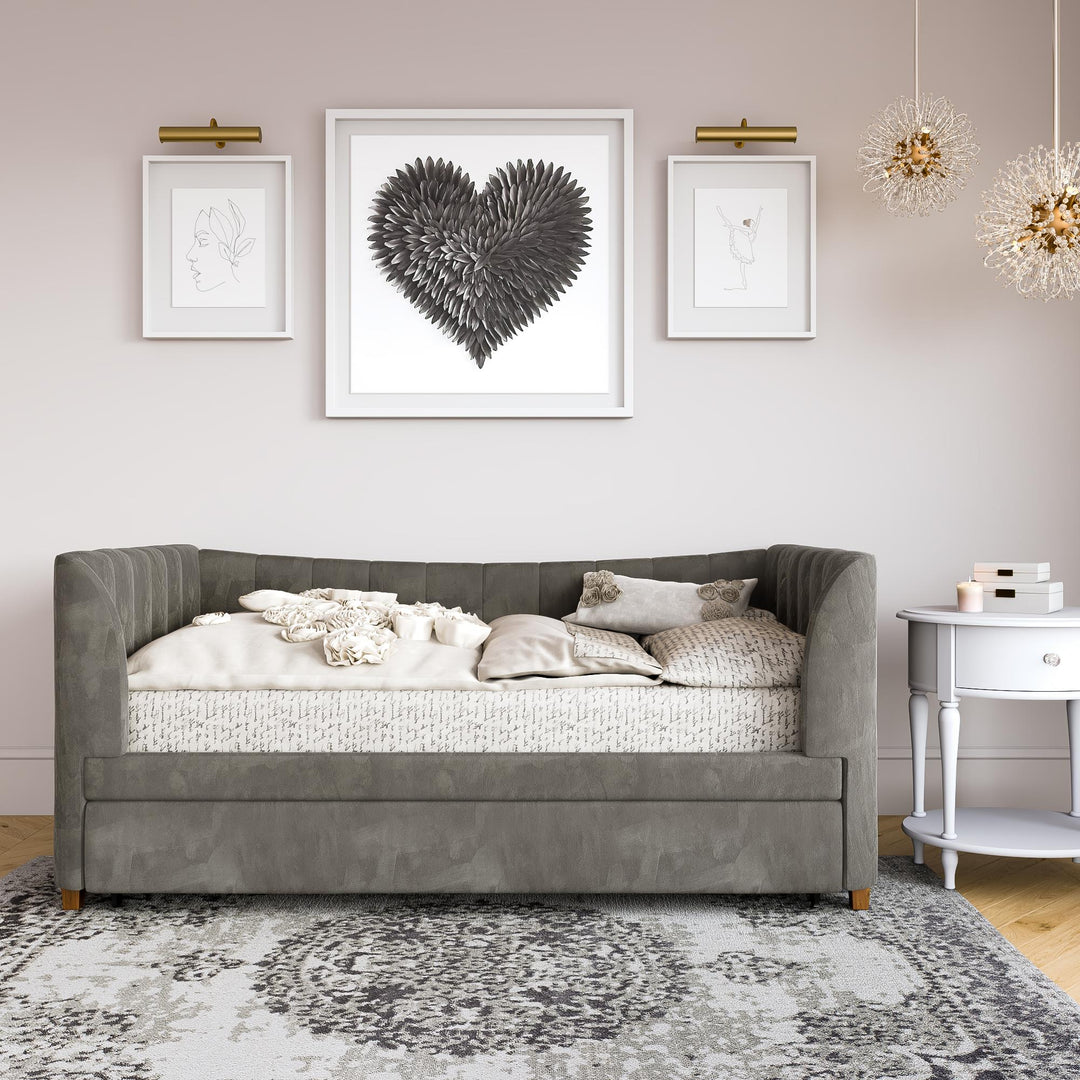 Valentina Upholstered Daybed with Trundle and Vertical Stitching - Gray - Twin